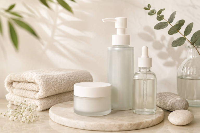Minimal Japanese skincare moisturizer scene with cream jar, skincare bottles, towels, and botanical elements