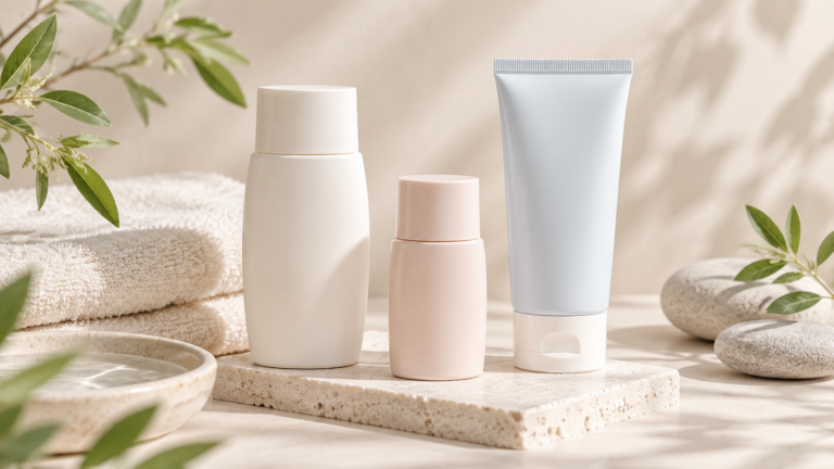 Three generic sunscreen containers in a minimalist skincare setting
